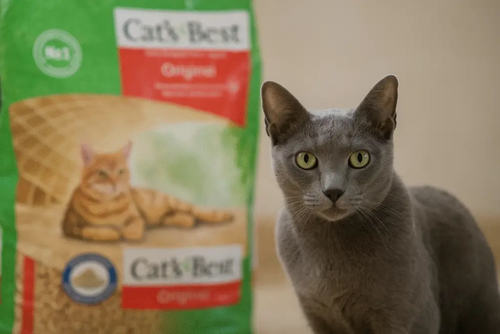 Chat devant un sac de litière Cat’s Best Original