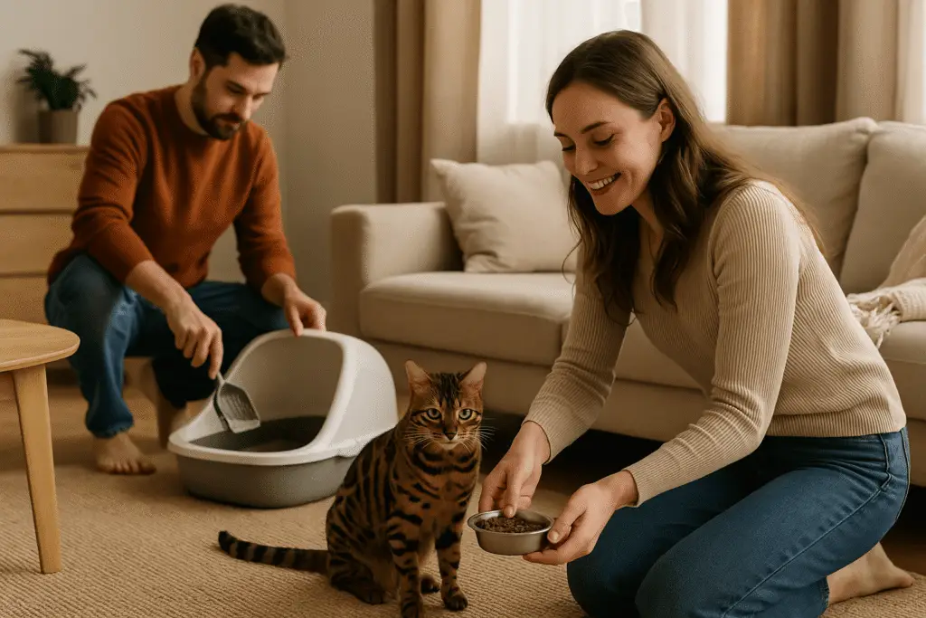 Un homme nettoie la litière pendant qu'une femme nourrit un chat Bengal dans un salon cosy