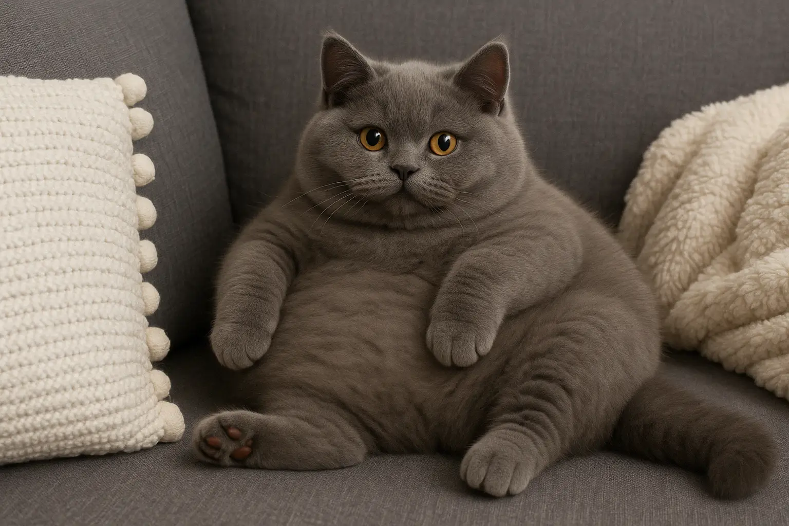 Chat gris obèse allongé sur un canapé, illustration réaliste des conséquences de l'obésité féline