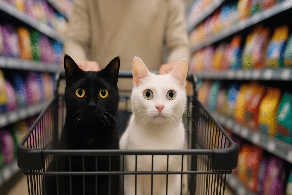Un chat noir et un chat blanc dans un caddie au milieu d’un rayon de croquettes, poussés par un humain flou en arrière-plan