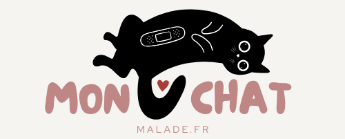 Logo de MonChatMalade.fr représentant un chat noir allongé avec un pansement sur le dos, symbolisant un chat malade, avec le texte "Mon Chat Malade.fr".
