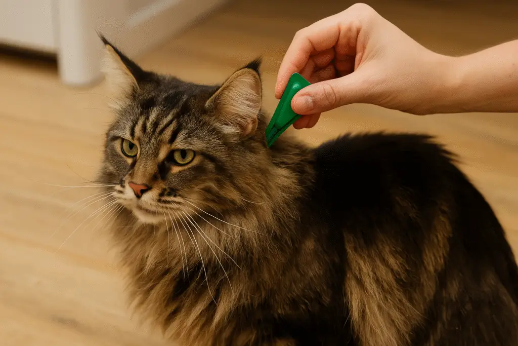 Maine Coon recevant un traitement anti-puces et anti-tiques