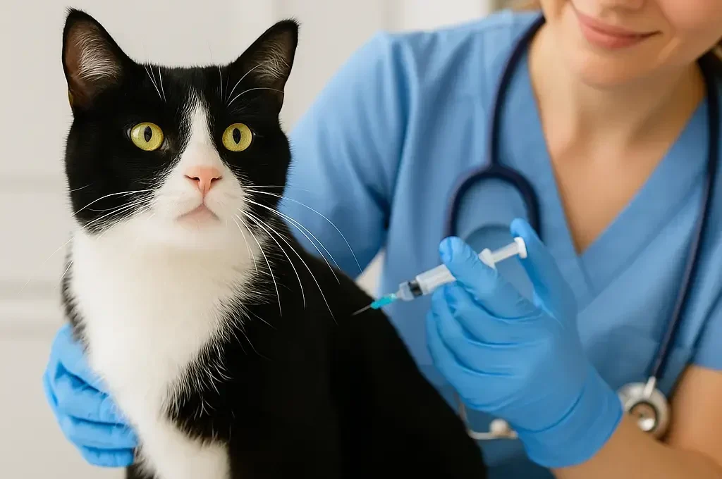 Chat noir et blanc chez le vétérinaire recevant une vaccination
