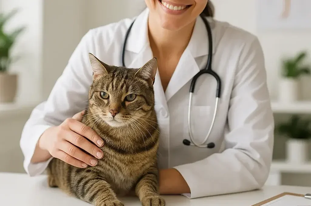Vétérinaire souriante caressant un chat tigré sur une table d’examen, évoquant la confiance d’une assurance santé chat.