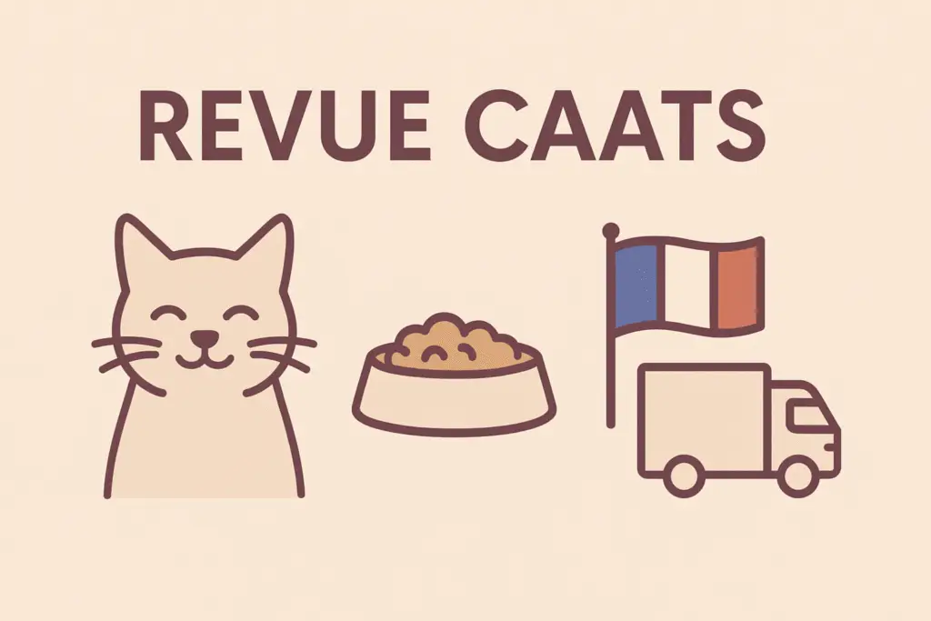 Illustration d’un chat heureux, gamelle et camion – revue CAATS sans céréales