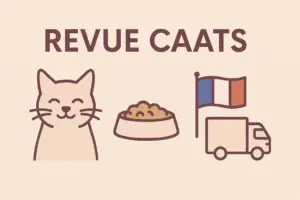 Illustration d’un chat heureux, gamelle et camion – revue CAATS sans céréales