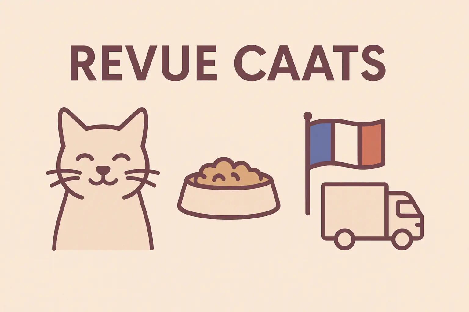 Illustration d’un chat heureux, gamelle et camion – revue CAATS sans céréales