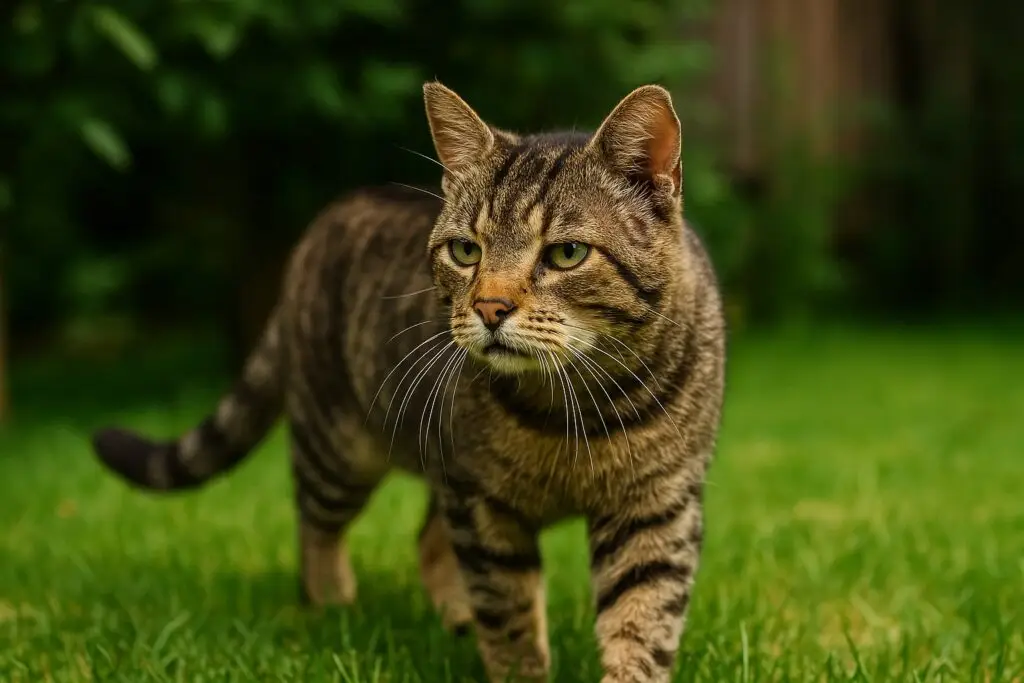 Chat tigré non castré marchant dans un jardin, situation à risque de transmission du virus de l’immunodéficience féline (FIV)