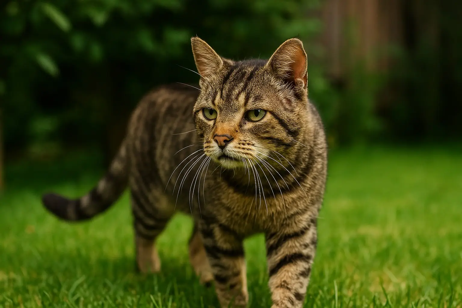 Chat tigré non castré marchant dans un jardin, situation à risque de transmission du virus de l’immunodéficience féline (FIV)