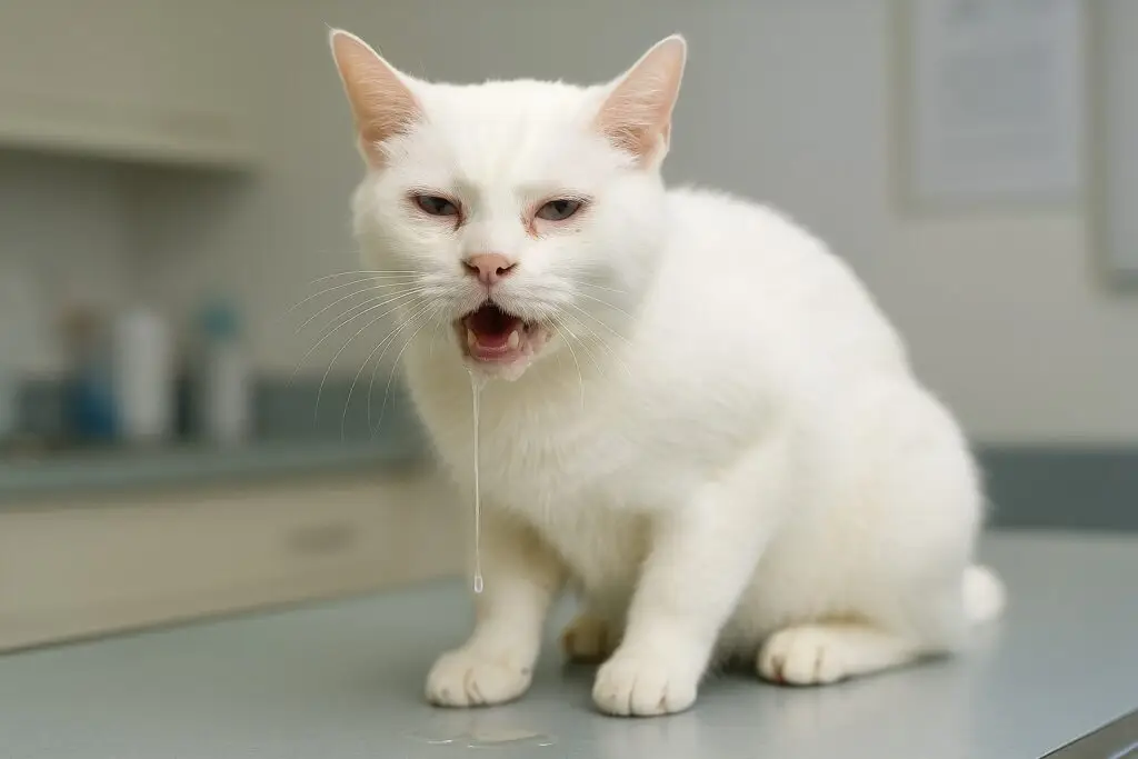 Chat blanc malade présentant hypersalivation, ulcères buccaux et écoulement nasal — signes typiques de la calicivirose féline — sur une table d’examen vétérinaire