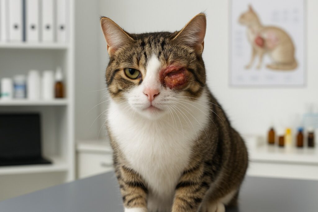 Chat tabby-blanc à l’œil gonflé et purulent (chlamydiose féline) assis sur la table d’examen dans un cabinet vétérinaire