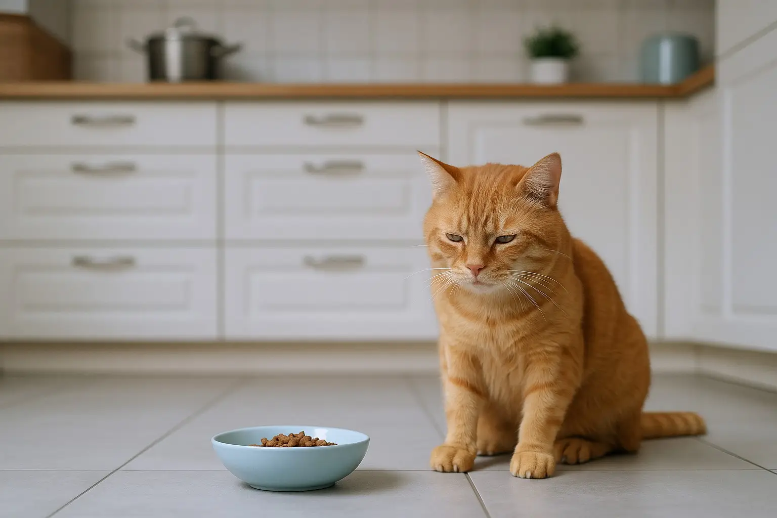 Chat orange apathique assis devant une gamelle pleine dans une cuisine moderne, signe de perte d’appétit et de léthargie