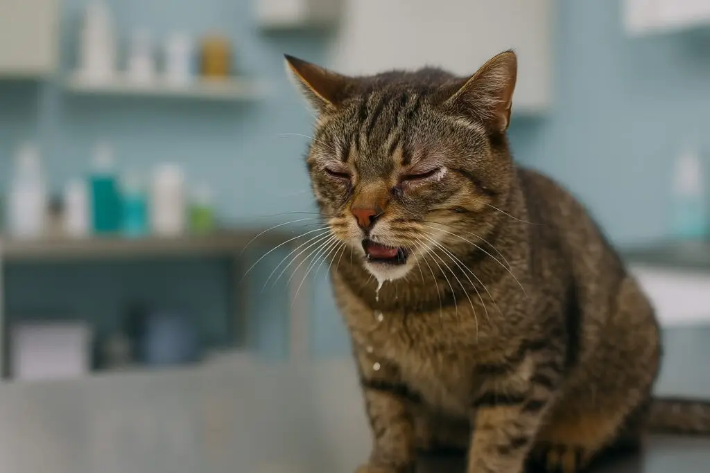 Chat tabby malade éternuant, yeux larmoyants et nez coulant, symptôme de rhinotrachéite féline (coryza)