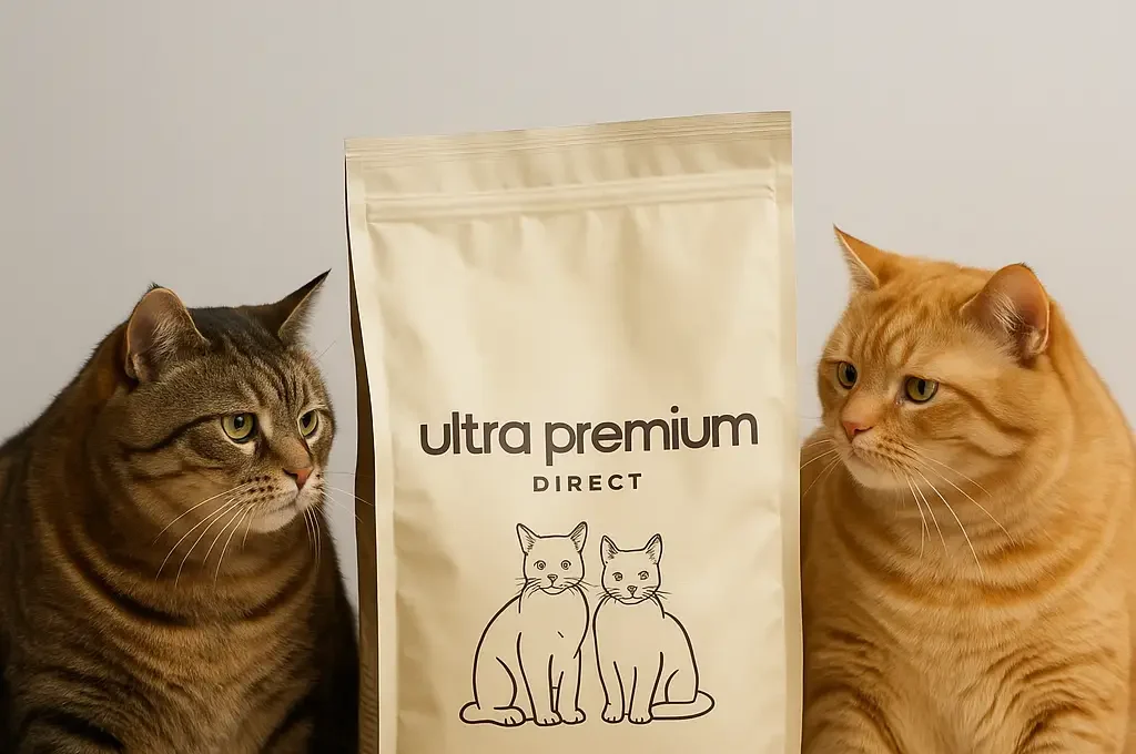 Deux chats en surpoids tournent avec envie autour d’un sac de croquettes Ultra Premium Direct