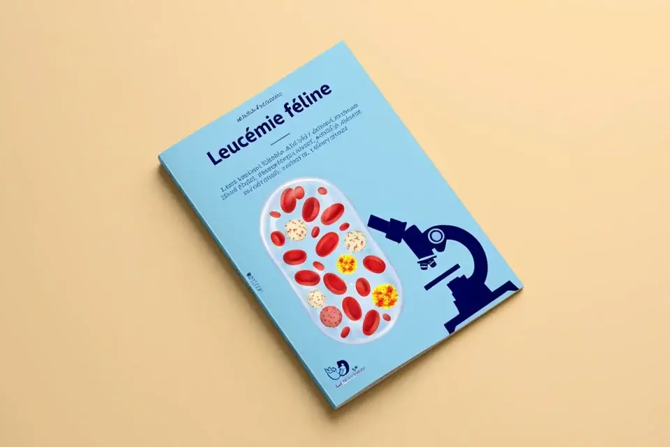 Couverture d’un livre bleu intitulé « Leucémie féline » avec illustration de microscopie sanguine et silhouette de microscope posée sur un fond beige