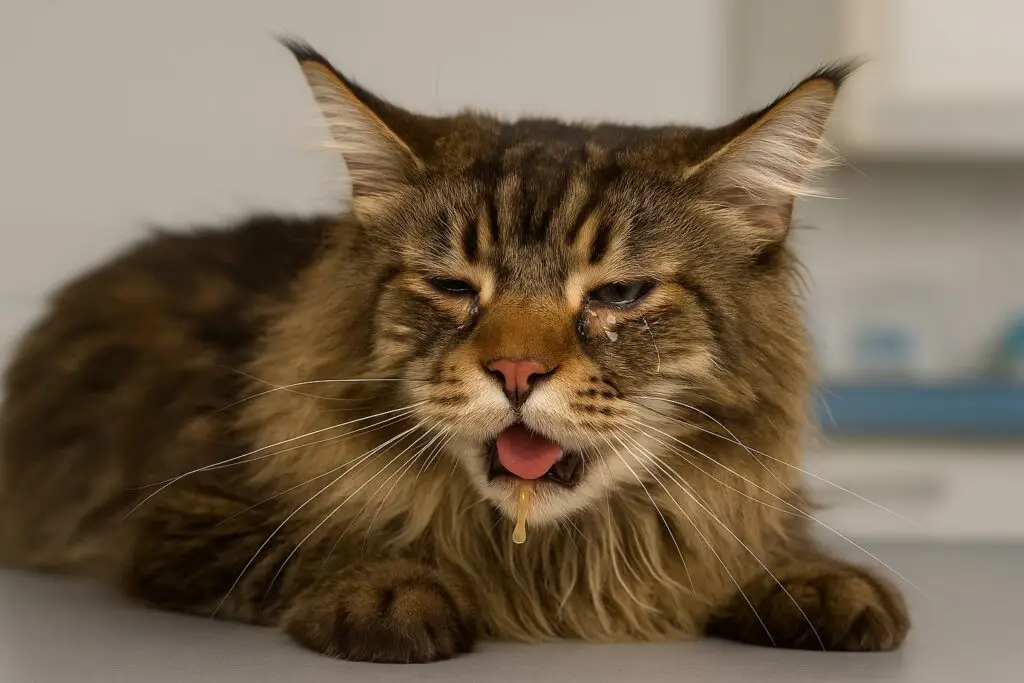 Maine Coon malade allongé sur une table vétérinaire, nez et yeux coulants, langue sortie — symptômes typiques de la grippe féline