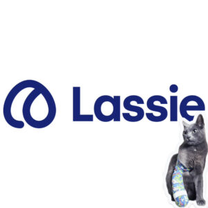 Le Logo de l'assurance pour chat LASSIE avec un petit chat gris blessé à la patte